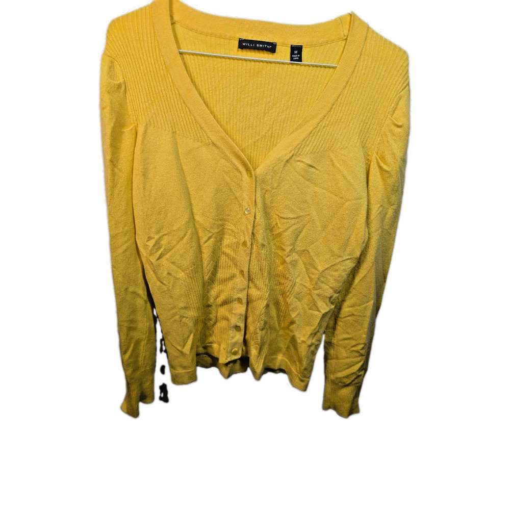 Willi Smith Yellow Button Up Cardigan Sweater Womens XL Ribbed Knit Long Sleeve